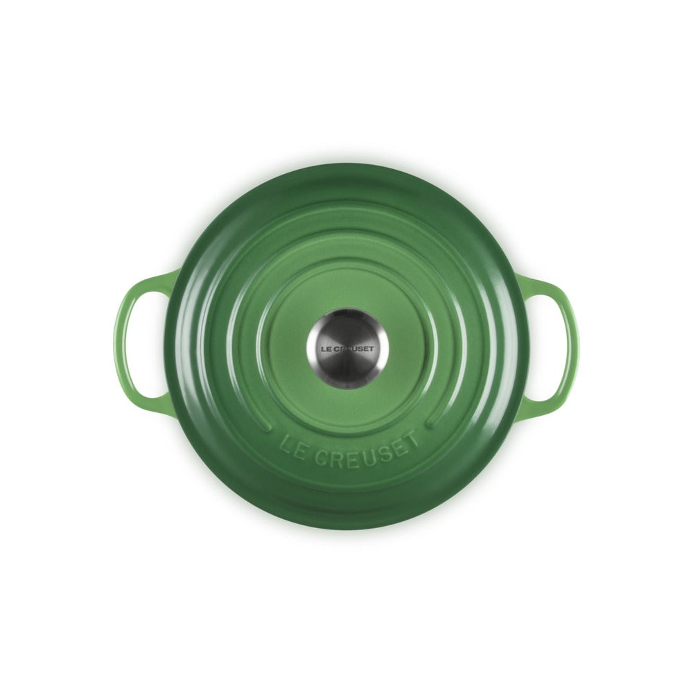 Casseruola rotonda verde con manici, superficie lucida e centrino metallico con inciso "LE CREUSET". Fondo bianco.