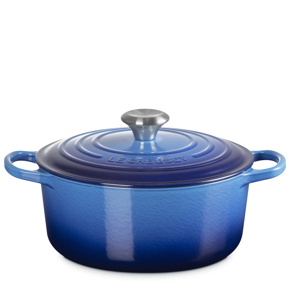 Blauwe ovale geëmailleerde gietijzeren pan met deksel, twee handgrepen en stalen knop, neutrale witte omgeving