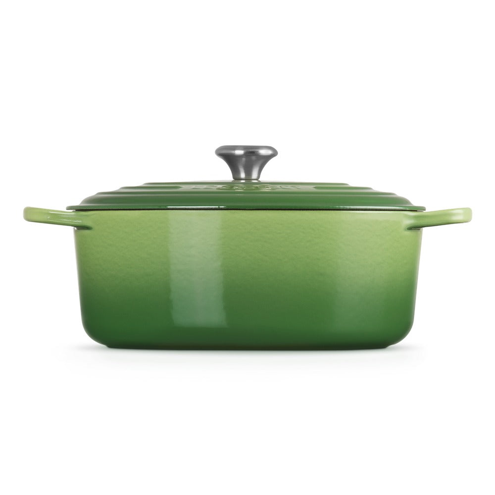 Groene ovale geëmailleerde pan met handgrepen en deksel, glanzende afwerking en zilveren knop.