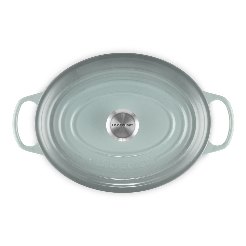 Aquagroene ovale ovenschaal met handgrepen, glanzende afwerking en centraal roestvrijstalen "LE CREUSET"-logo.