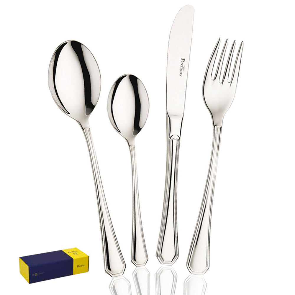Set di quattro posate in acciaio lucido composto da cucchiaio grande, cucchiaio piccolo, coltello con lama liscia e forchetta, con confezione gialla