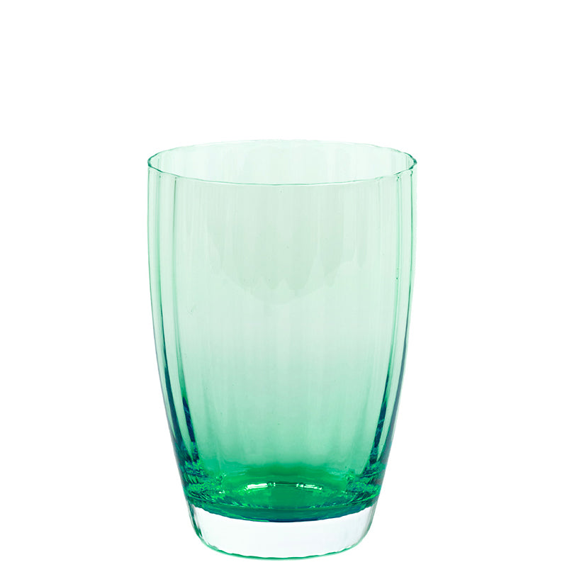Bicchiere di vetro verde trasparente, cilindrico, con base traslucida e decorazione verticale.