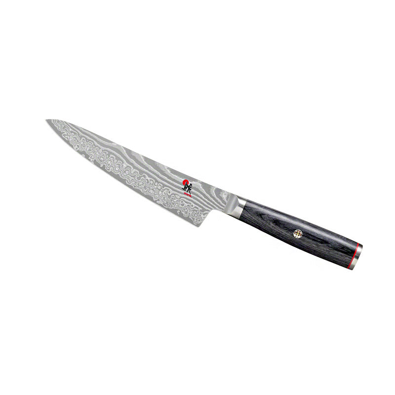 Coltello da cucina lama lunga in acciaio damascato grigio con manico in legno scuro e dettagli rossi
