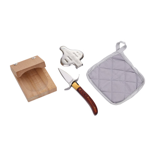 Set di strumenti per la cucina: un coltello con manico in legno, un apribottiglie metallico, un supporto in legno e un guanto grigio.