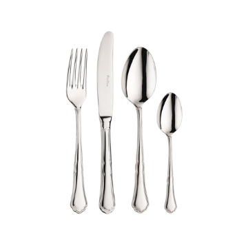 posate in acciaio inox lucido composte da forchetta, coltello, cucchiaio e cucchiaino su sfondo bianco