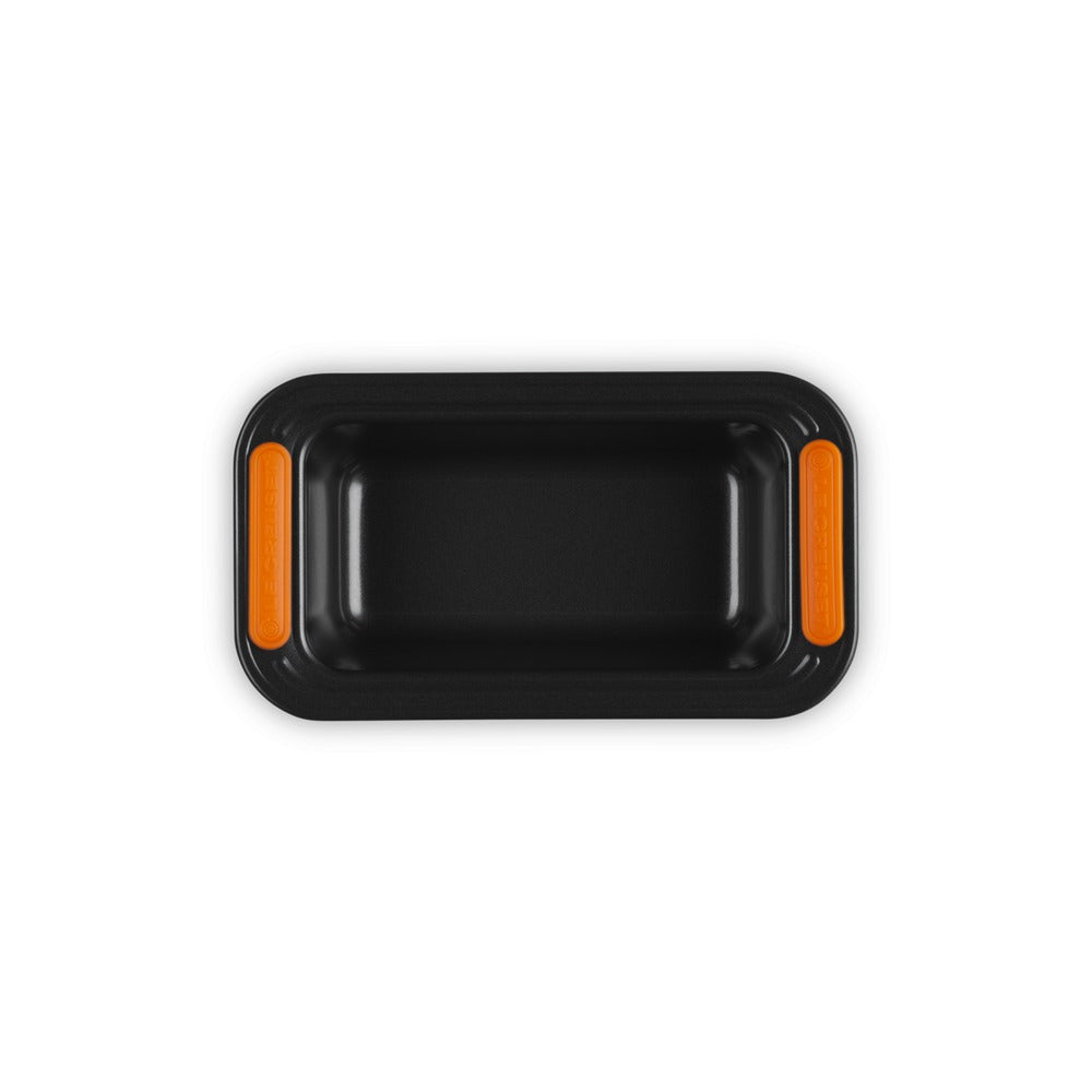 Plateau rectangulaire noir avec poignées orange, en matière plastique brillante, sur fond blanc.