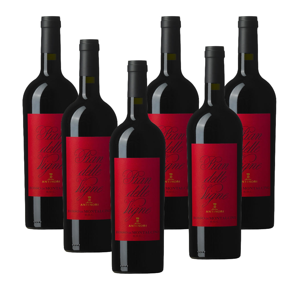 Sei bottiglie di vino rosso con etichetta rossa con scritta nera "Pian delle Vigne" e logo Antinori, su sfondo bianco.