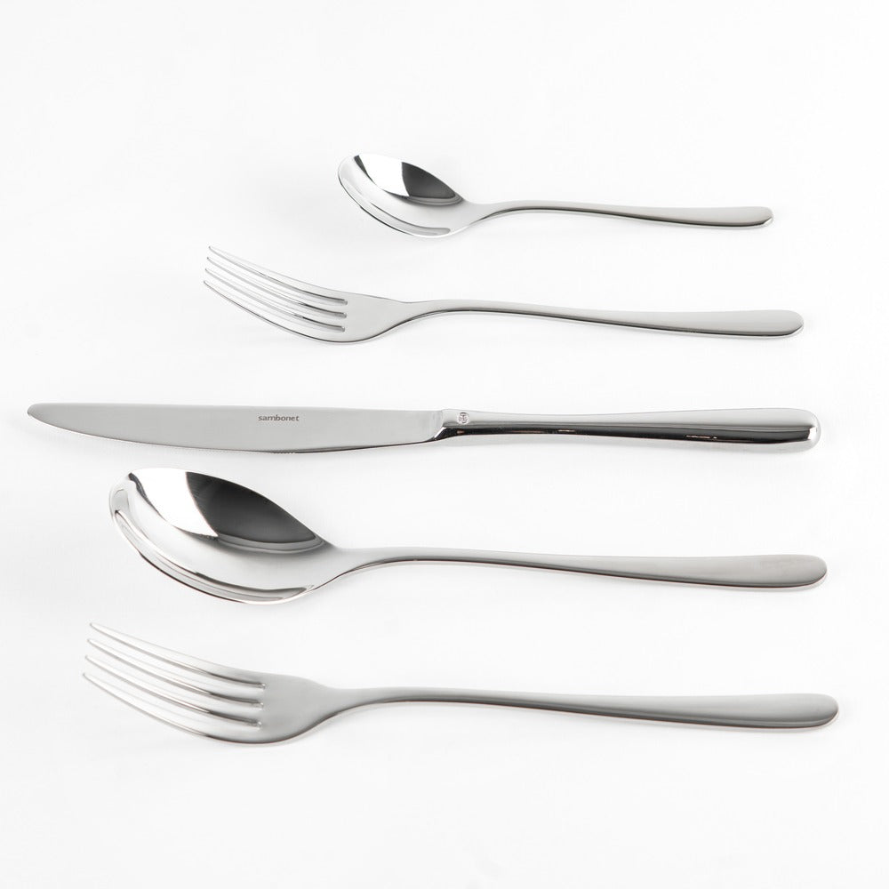 Set di posate in acciaio inox lucido: un coltello, due forchette e due cucchiai disposti su sfondo bianco.