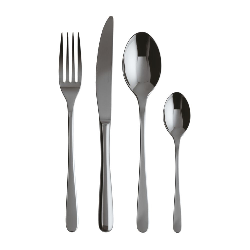 Set di posate in acciaio inox lucido: forchetta, coltello, cucchiaio grande e cucchiaino, disposti in ordine.
