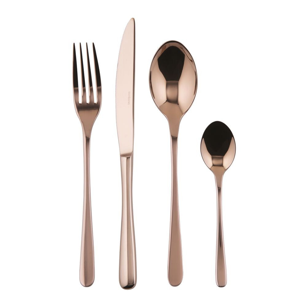 Set de couverts en acier inoxydable avec finition rosée, composé de couteau, fourchette, cuillère et cuillère à café.