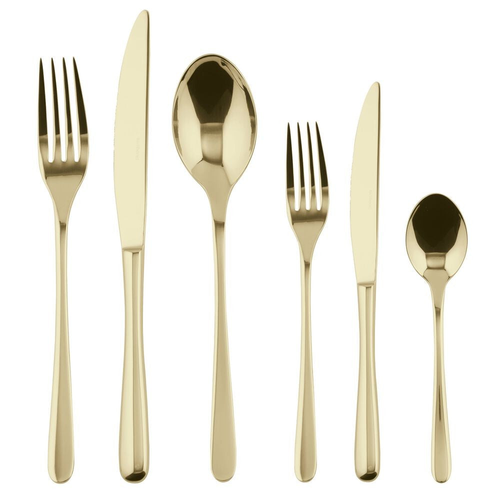 Set gouden bestek: inclusief mes, grote vork, lepel, kleine vork, klein mes en theelepel.