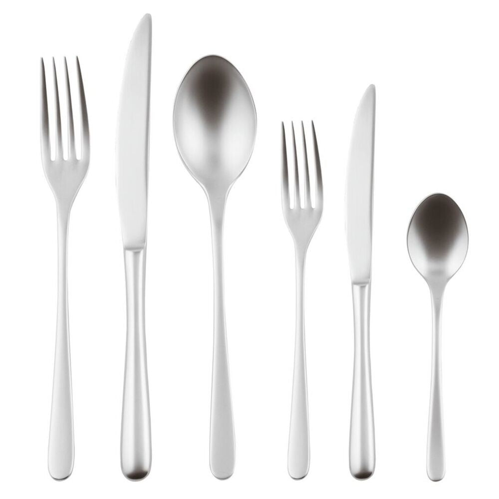 Set di posate in acciaio inox lucido, composto da forchetta, coltello, cucchiaio grande, forchettina, coltellino e cucchiaino.