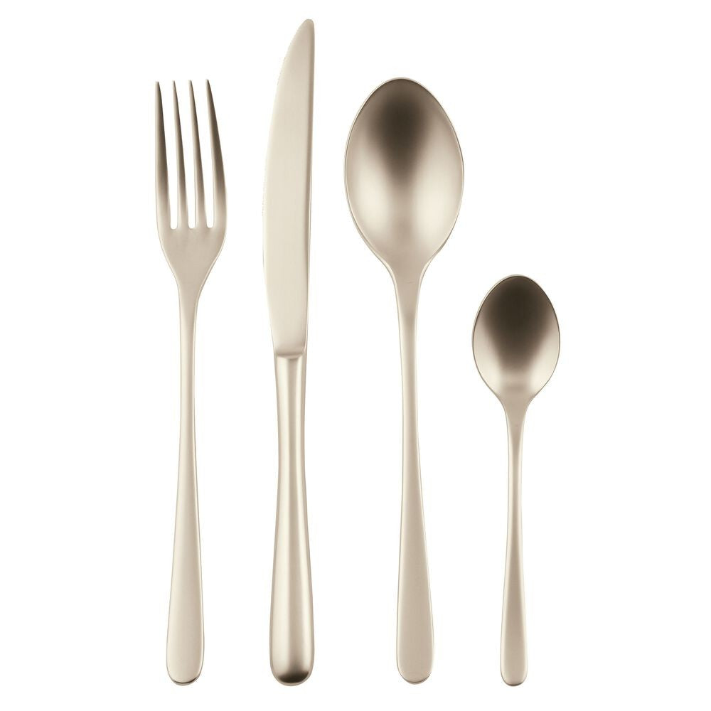Set di posate in metallo opaco, composto da forchetta, coltello e due cucchiai, con rifiniture eleganti e linee moderne.