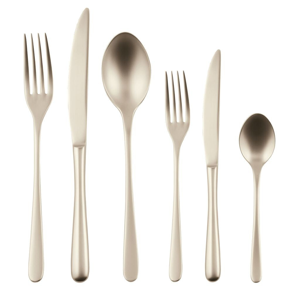 Set di posate in acciaio inox, lucido, composto da forchetta, coltello, cucchiaio e cucchiaio piccolo.