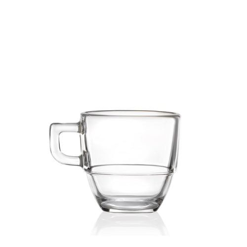 Tazza di vetro trasparente con manico, di forma cilindrica e base leggermente ampia.