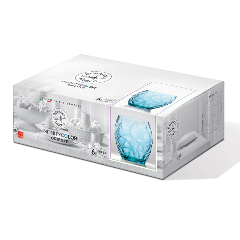 Emballage blanc de 6 verres en verre bleu clair hachurés à surface facettée, marque Bormioli Rocco Infinity Color Oriente.