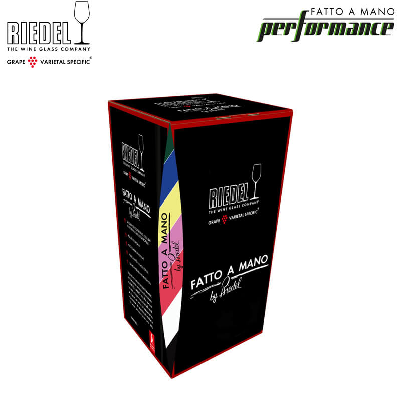 Embalaje negro con bordes rojos, vaso de vino Riedel hecho a mano rectangular con logo e inscripciones de colores en lateral blanco, rosa