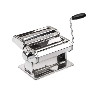Macchina per pasta manuale in acciaio inox lucido con manovella nera su sfondo bianco trasparente.