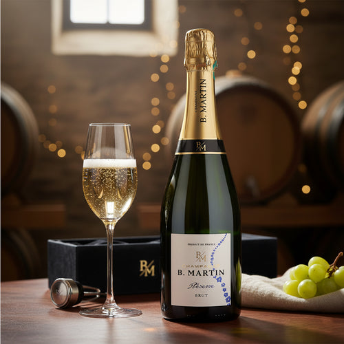 Bottiglia di champagne B. Martin Réserve Brut con calice pieno, grappolo d'uva verde, tappo e confezione nera, sfondo con botti di legno.