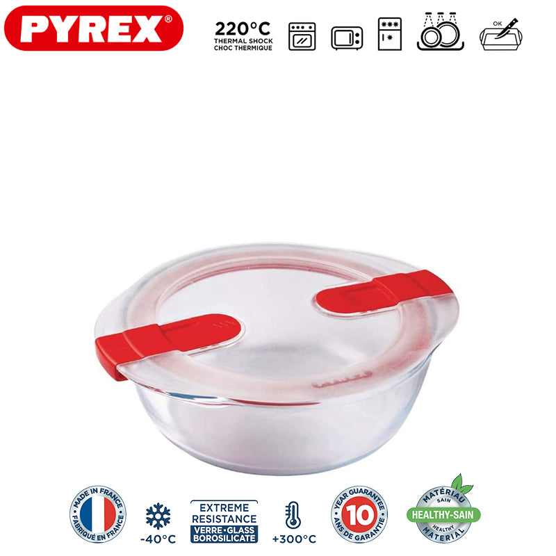 Pyrex Cook And Heat recipiente redondo para alimentos de vidrio borosilicato con tapa de válvula de vapor