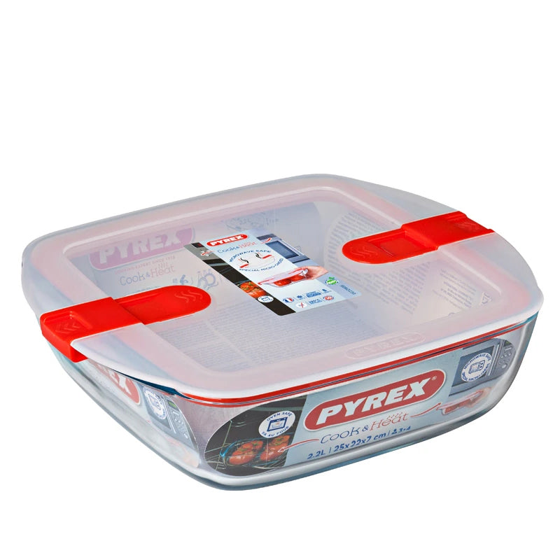 Pyrex Cook And Heat recipiente cuadrado para alimentos de vidrio borosilicato con tapa de válvula de vapor