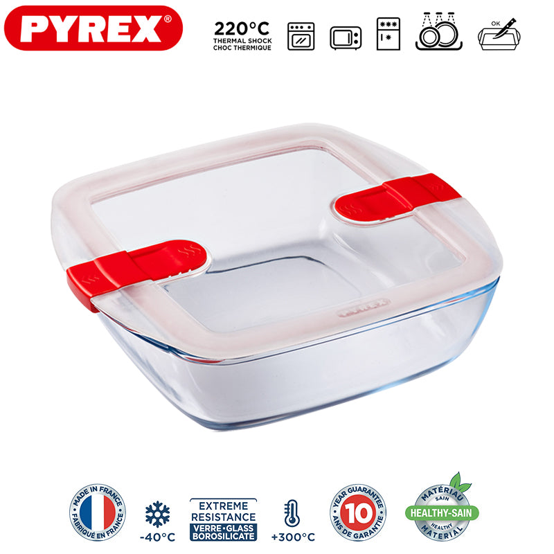 Pyrex Cook And Heat recipiente cuadrado para alimentos de vidrio borosilicato con tapa de válvula de vapor
