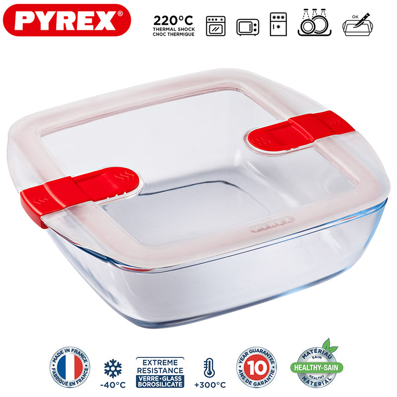 Pyrex Cook And Heat recipiente cuadrado para alimentos de vidrio borosilicato con tapa de válvula de vapor