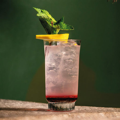 Klarer Cocktail in hohem Glas mit Eis, verziert mit Zitronenscheiben und Minzblättern, auf grünem Hintergrund.