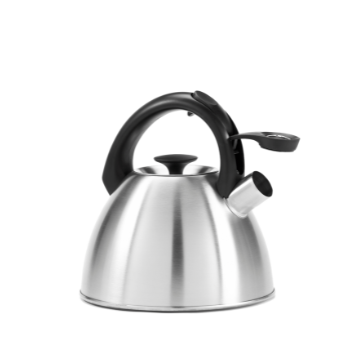 Bollitore in acciaio inox con manico e leva in plastica nera su sfondo bianco.