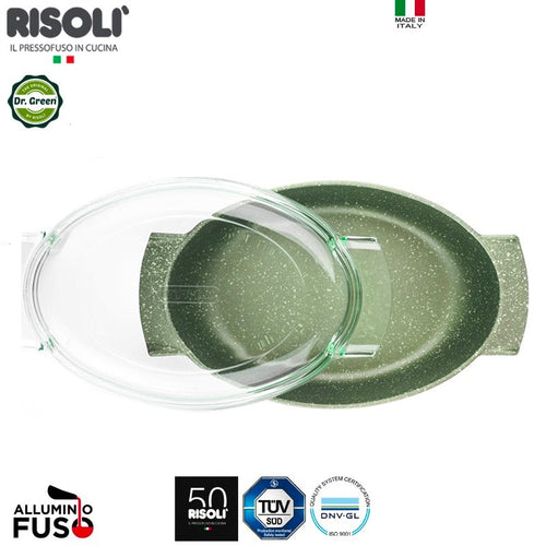 36X24 Cm Risoli Dr Green Stone Ovale Antihaft-Bratform aus Aluminium mit Glasdeckel