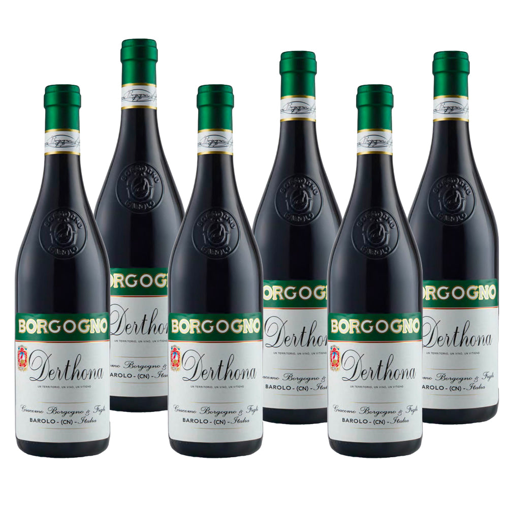 Six bouteilles de vin rouge avec étiquette blanche et verte, marque Borgogno, en exposition frontale.