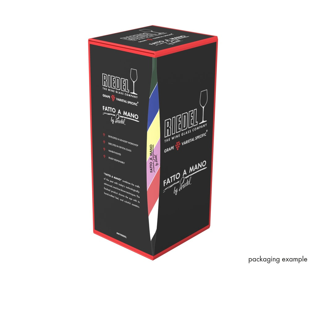 Confezione di cartone nera con dettagli rossi, logo "Riedel" e scritte colorate sul lato, raffigurante un bicchiere da vino.