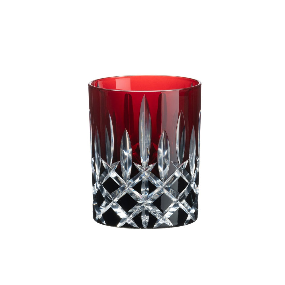 Bicchiere in cristallo con parte superiore rossa e base trasparente, decorato con motivi a taglio a diamante.