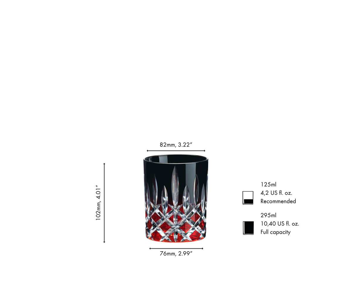 Bicchiere di cristallo con base rossa e parti trasparenti, forma cilindrica e riflessi luminosi, ambientazione neutra.