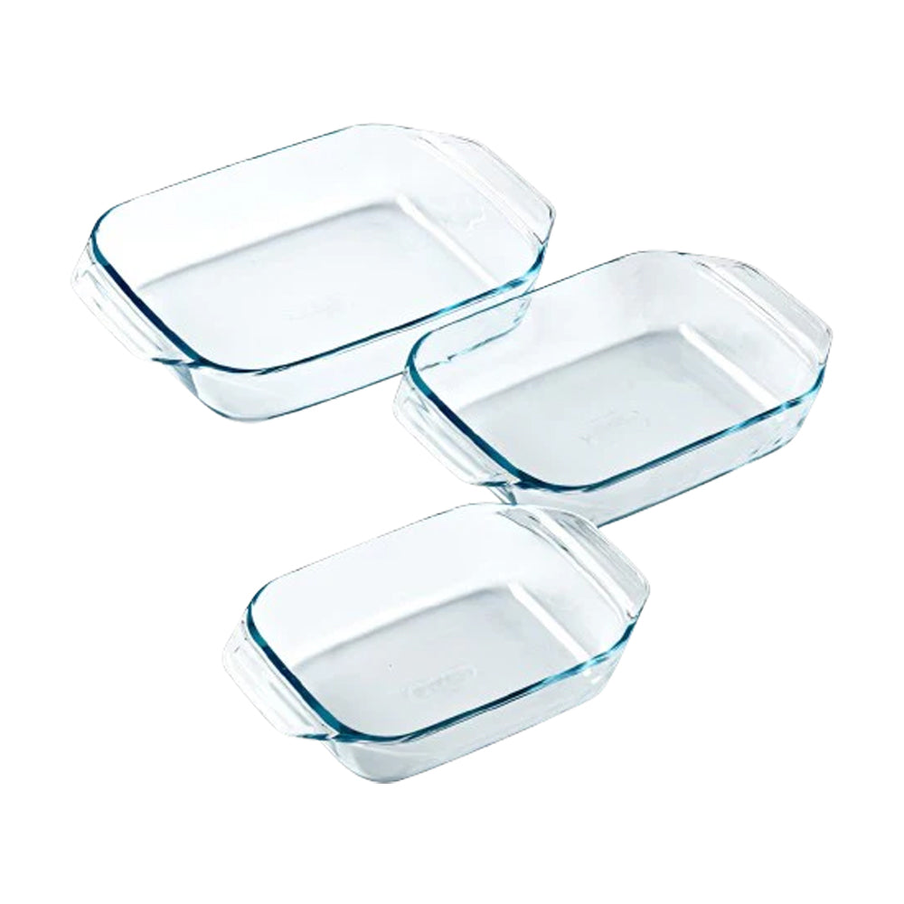 Set di tre pirofile rettangolari in vetro trasparente, di diverse dimensioni, con manici su entrambi i lati.