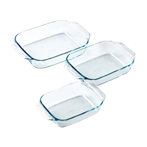 Set di tre pirofile rettangolari in vetro trasparente, di diverse dimensioni, con manici su entrambi i lati.
