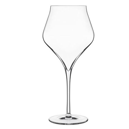 Calice trasparente in vetro con stelo lungo e bocca ampia con profilo sagomato, senza liquido né sfondo visibile.