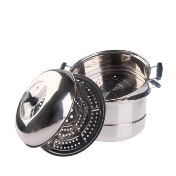 Pentola a vapore in acciaio inox con coperchio e inserto forato, manici neri, sfondo bianco.