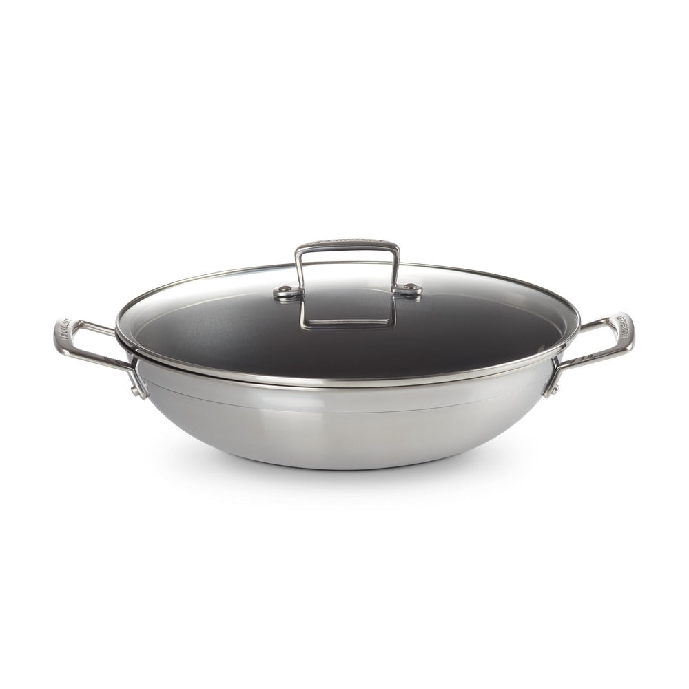 Le Creuset Acciaio Inox Wok Antiadherente en Acero Inoxidable con Tapa de Vidrio