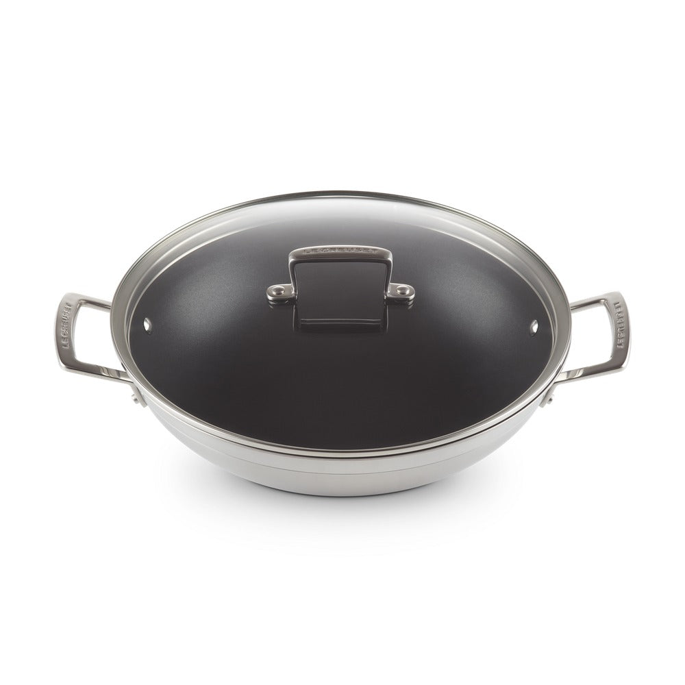 Le Creuset Acciaio Inox Wok Antiadherente en Acero Inoxidable con Tapa de Vidrio