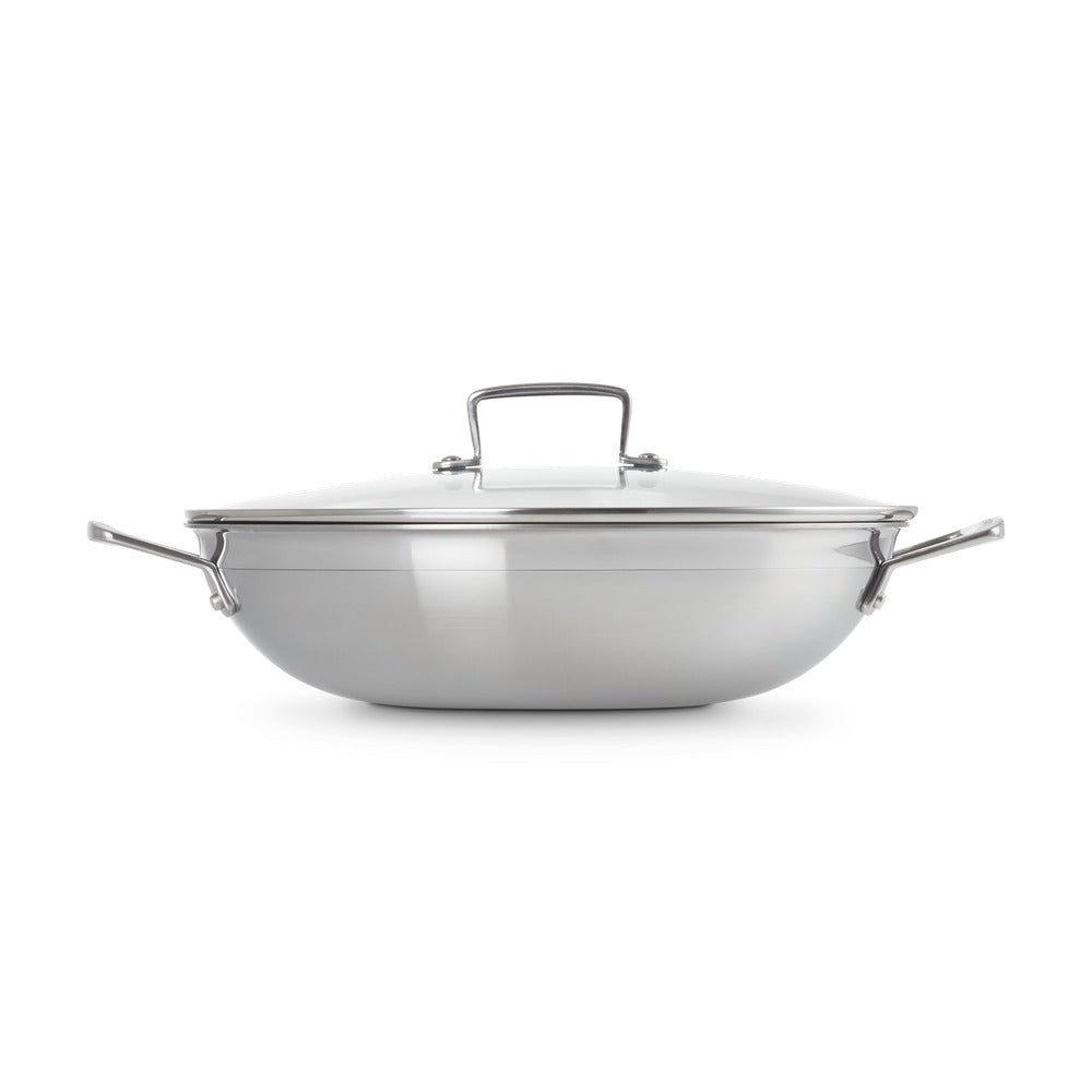 Le Creuset Acciaio Inox Wok Antiadherente en Acero Inoxidable con Tapa de Vidrio