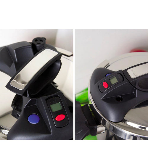 Couvercle de cocotte-minute noire avec poignée ergonomique, boutons colorés et écran, posé sur une surface claire.