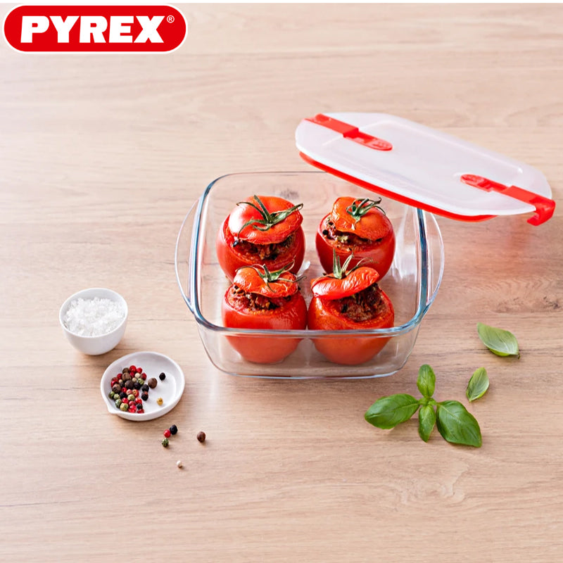 Pyrex Cook And Heat recipiente cuadrado para alimentos de vidrio borosilicato con tapa de válvula de vapor