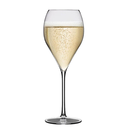 Bicchiere di cristallo trasparente con calice ampio, contenente vino spumante giallo paglierino con bollicine e una leggera schiuma bianca, sfondo