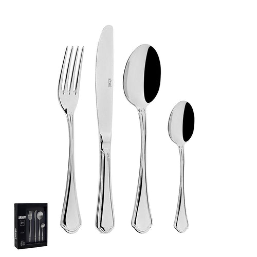 Set di posate in acciaio inox lucido, composto da un coltello, una forchetta, un cucchiaio grande e uno piccolo, con confezione nera.