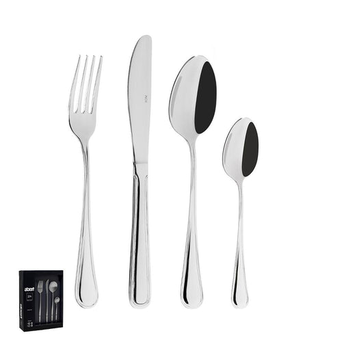 Set di posate in acciaio inox lucido composto da un coltello, una forchetta e due cucchiai, con confezione nera.