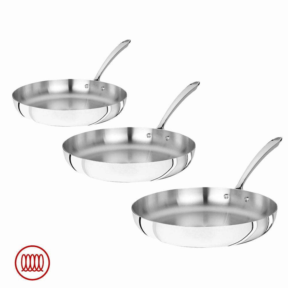Agnelli Alu-Inox 3-Ply Set Poêles Basses Induction Avec Manche 1907 Inox En Aluinox Chromé Set de 3 Pcs