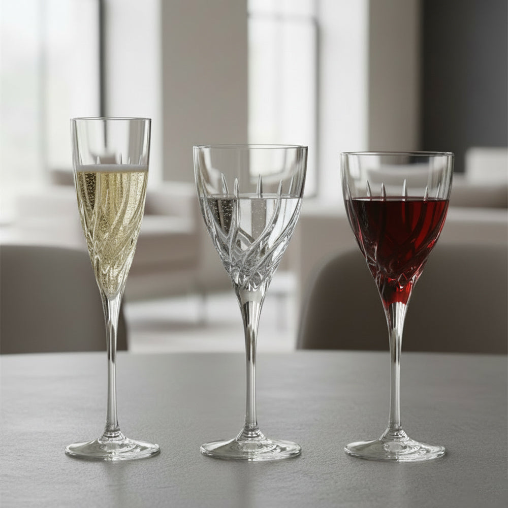 Tre bicchieri in vetro trasparente con motivi incisi, da sinistra a destra: flute con spumante, calice con acqua e calice con vino rosso, su tavolo