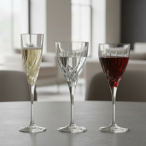 Drei transparente Glasgläser mit gravierten Mustern, von links nach rechts: Flute mit Schaumwein, Glas mit Wasser und Glas mit Rotwein, auf Tisch