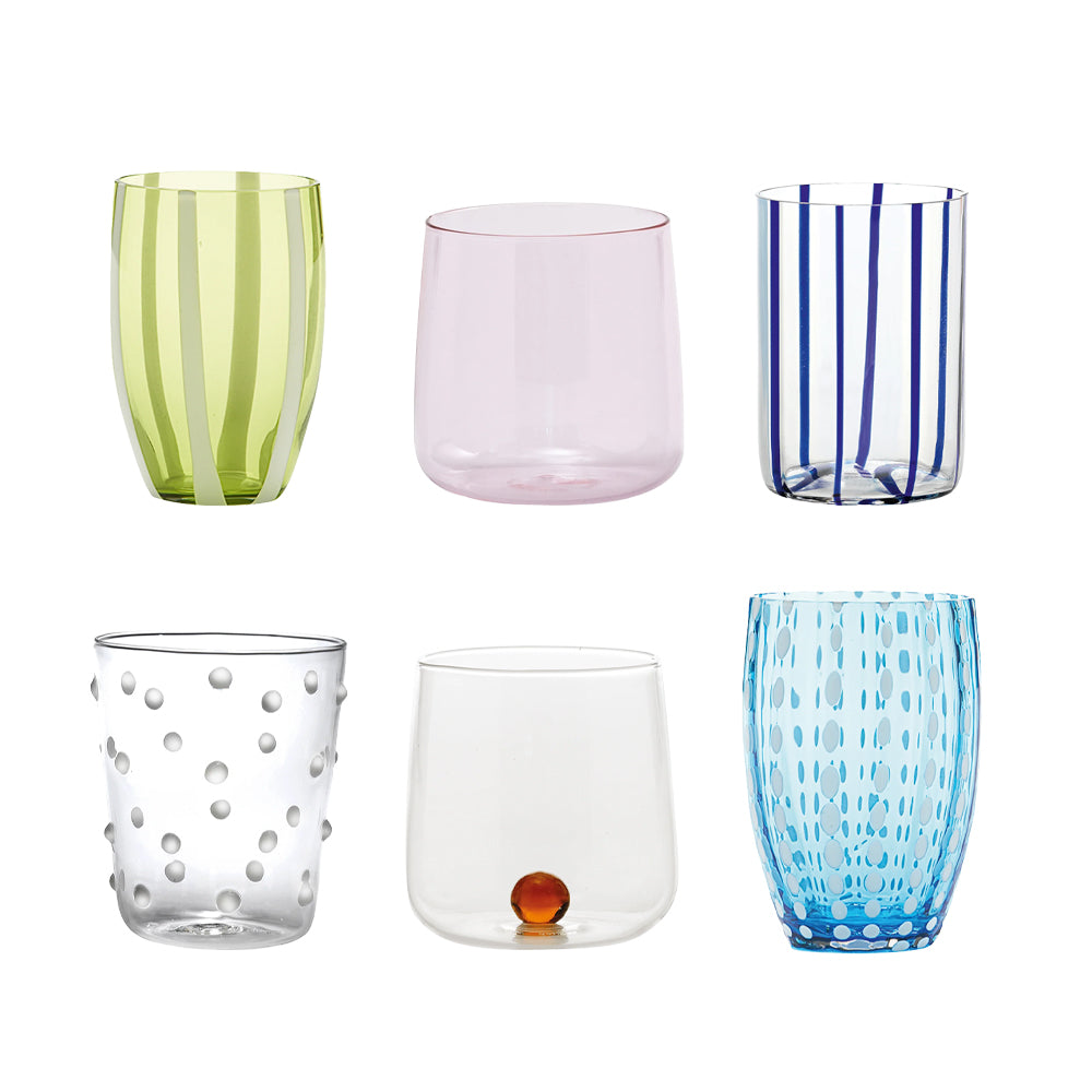 Zafferano Meltin Pot Laguna Pop Waterglazen assorted lijnen en kleuren van glas - Set 6 stuks